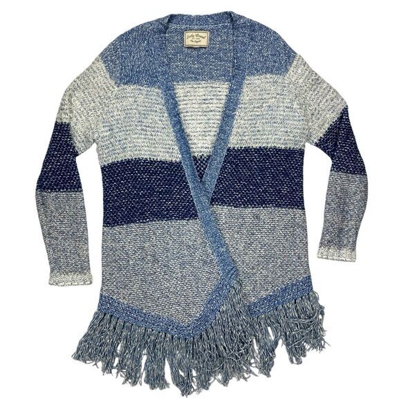 Lucky Brand Cardigan Women L Blue White Fringe Boho Tunic Fuzzy Cottage Sweater - Picture 2 of 16